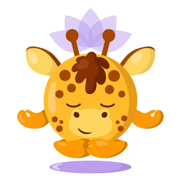 Divertente Kawaii Carino Meditando Giraffa Con Fiore Loto Sopra Testa — Vettoriale Stock