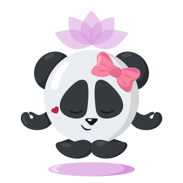 Kafasında Nilüfer Çiçeğiyle Meditasyon Yapan Komik Kawaii Panda Gölgeli Düz — Stok Vektör