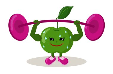 Spor ayakkabıları ve halterleri olan sevimli güçlü bir elma sporcusu. Renkli gülümseyen kawaii meyvesi. İzole edilmiş spor vektörü illüstrasyonu.