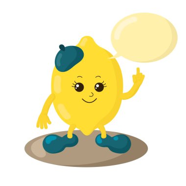 Ayakkabılarla, bereyle ve konuşma balonuyla gülümseyen şirin limon işaret parmağını kaldırır. Renkli kawaii meyve simgesi. İzole vektör illüstrasyonu.