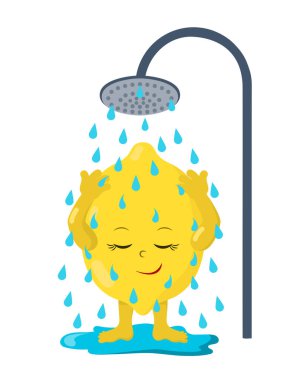 Şirin kawaii limonları duşta kapalı gözlerle yıkanır. Renkli gülümseyen meyve. İzole vektör illüstrasyonu.