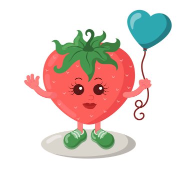 Kalp balonu tutan spor ayakkabılı tatlı, gülümseyen çilek. Renkli kawaii meyve simgesi. Düz tasarımda izole vektör illüstrasyonu.