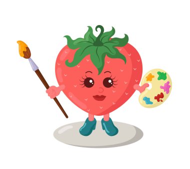 Komik gülümseyen kawaii sanatçısı paletli ve karalama tarzında fırçalı çilek. Düz dizaynlı gölgeli renkli neşeli meyve çizgi filmi vektör çizimi