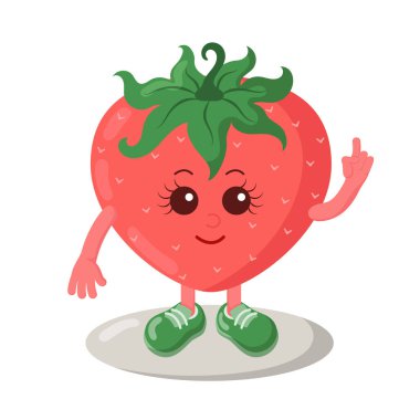 Spor ayakkabılı şirin, gülümseyen çilek işaret parmağını kaldırır. Renkli kawaii meyve simgesi. İzole vektör illüstrasyonu.
