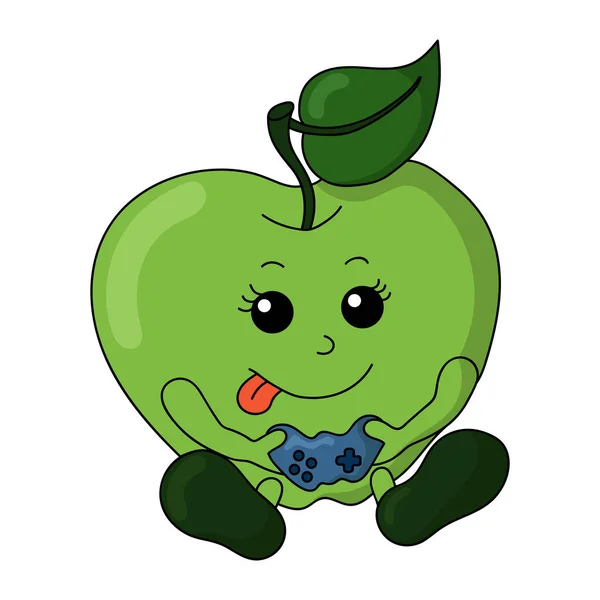Zabawny Uśmiech Kawaii Grając Jabłko Kontrolerem Gry Stylu Doodle Izolowane — Wektor stockowy