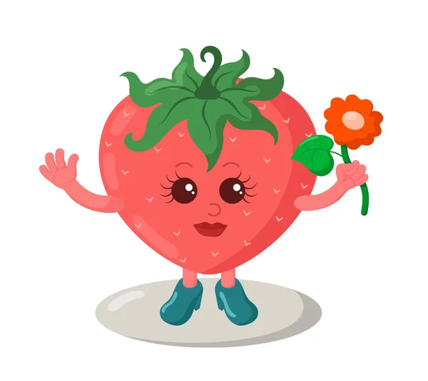 Cute Smiling Strawberry Girl Holding Flower Colorful Kawaii Fruit Emoticon — Stock Vector