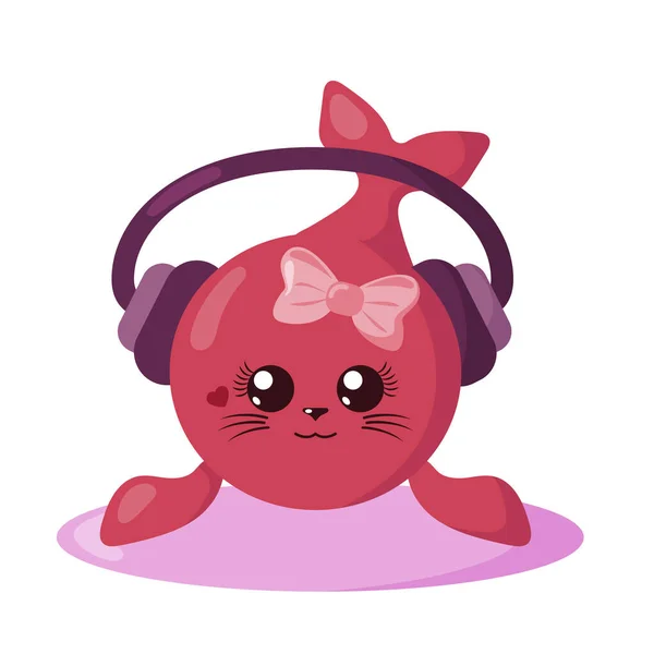 Sello Piel Kawaii Lindo Divertido Con Auriculares Cuerpo Redondo Diseño — Vector de stock