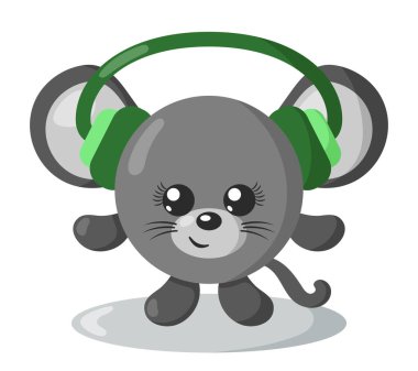 Kulaklıklı, yuvarlak vücutlu, gölgeli komik bir kawaii faresi. İzole edilmiş hayvan vektör çizimi