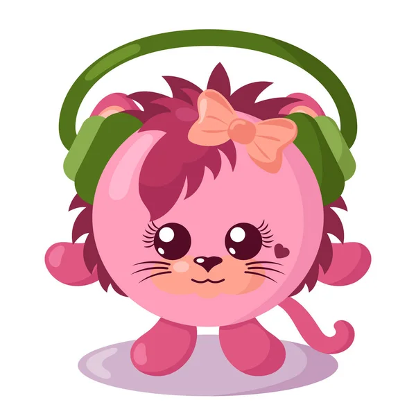 Gracioso León Kawaii Lindo Con Auriculares Cuerpo Redondo Diseño Plano — Vector de stock