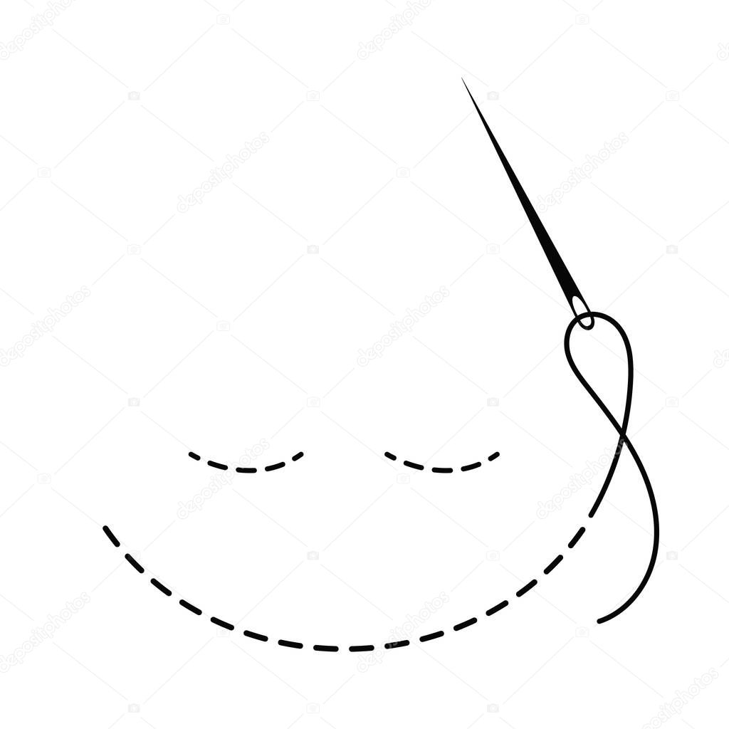 Silhouette of embroidered smile with interrupted contour and closed eyes. Vector illustration of handmade work with embroidery thread and needle on white background.