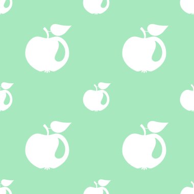 Yeşil arka planda beyaz elmalı kusursuz desen. Komik, bitmeyen soyut doğa meyve arkaplan vektör çizimi