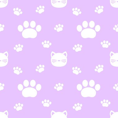 Pembe arka planda beyaz kedileri ve pençeleri olan kusursuz bir desen. Komik bitmeyen soyut hayvan arkaplan vektör çizimi