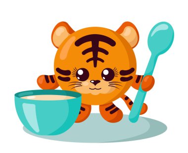 Yuvarlak vücutlu, kaşık ve kâseli, gölgeli, sevimli kawai kaplanı. İzole edilmiş hayvan vektör çizimi