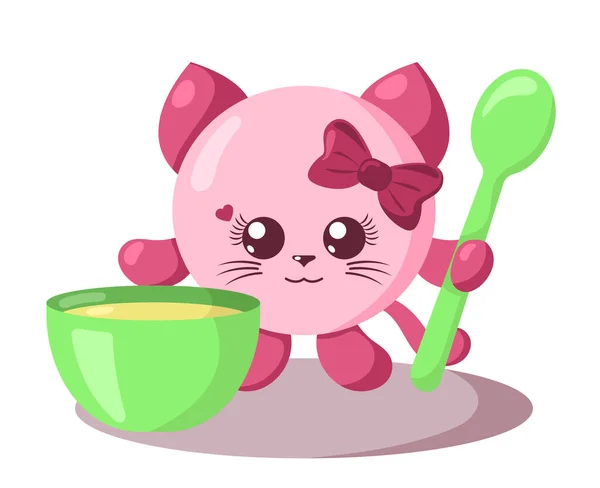 Gato Kawaii Lindo Divertido Con Cuerpo Redondo Cuchara Tazón Diseño — Vector de stock