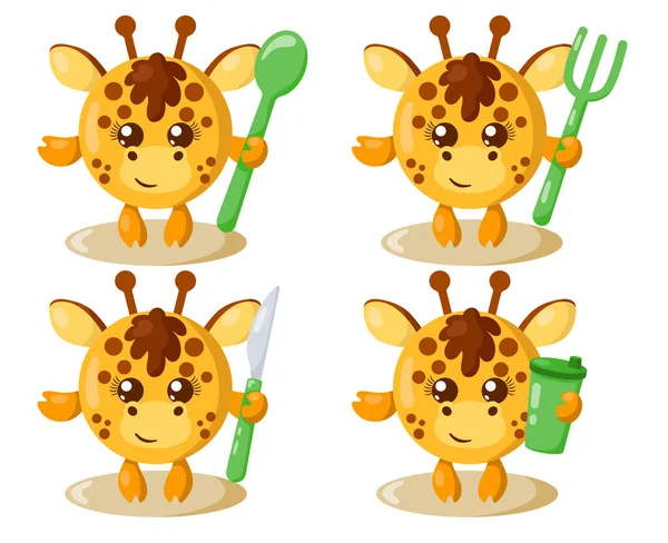 一组有趣的可爱的卡瓦长颈鹿与圆形的身体 刀和杯子在平面设计与阴影 用餐具说明孤立的动物病媒 — 图库矢量图片