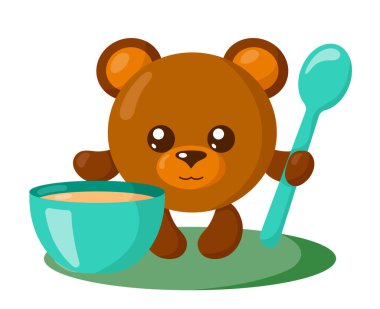 Yuvarlak vücutlu, kaşık ve yuvarlak gölgeli komik bir kawai ayısı. İzole edilmiş hayvan vektör çizimi