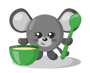 Yuvarlak vücutlu komik, sevimli kawaii faresi, gölgeli, düz dizayn edilmiş kaşık ve kase. İzole edilmiş hayvan vektör çizimi