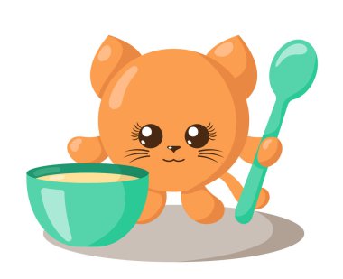 Yuvarlak vücutlu komik bir kawai kedisi, gölgeli düz tasarım kaşık ve kase. İzole edilmiş hayvan vektör çizimi