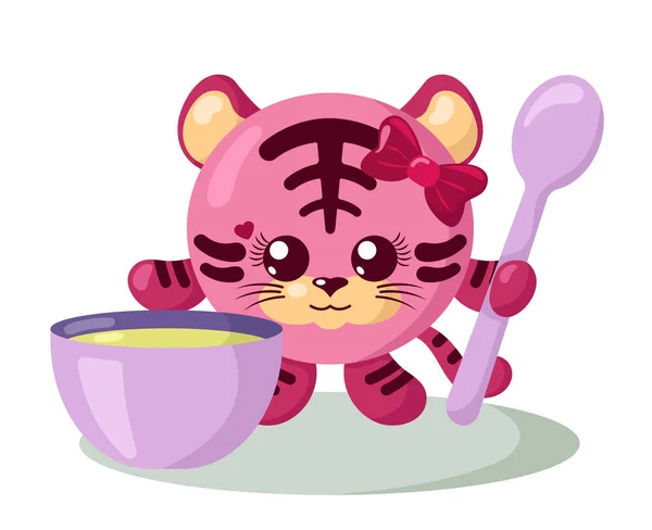 Gracioso Tigre Kawaii Lindo Con Cuerpo Redondo Cuchara Tazón Diseño — Vector de stock