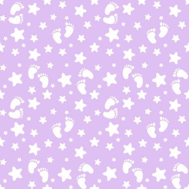 Beyaz bebek ayaklarıyla kusursuz desen ve mor arka planda yıldızlar. Komik, sonsuz arkaplan vektör çizimi