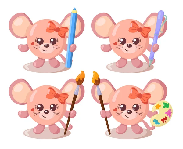 Set Simpatici Mouse Kawaii Carino Con Corpo Rotondo Matita Penna — Vettoriale Stock