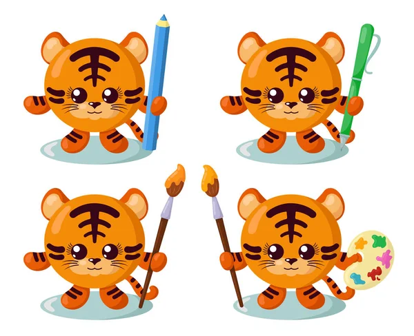 Conjunto Engraçado Bonito Tigre Kawaii Com Corpo Redondo Lápis Caneta — Vetor de Stock