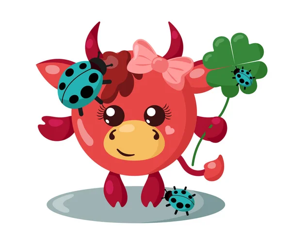 Funny Cute Smiling Cow Body Ladybugs Holding Four Leaf Good — 图库矢量图片