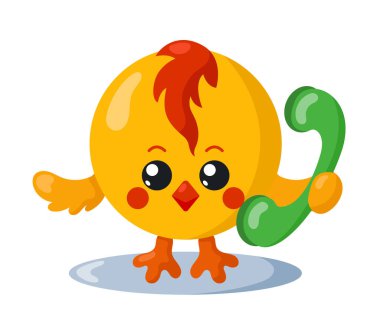 Elinde telefon tutan komik, tatlı bir piliç. Düz dizaynlı gölgeli renkli izole hayvan vektör çizimi