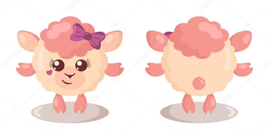 Funny cute kawaii lamb with round body in flat design with shadows, front and back. Isolated animal vector illustration