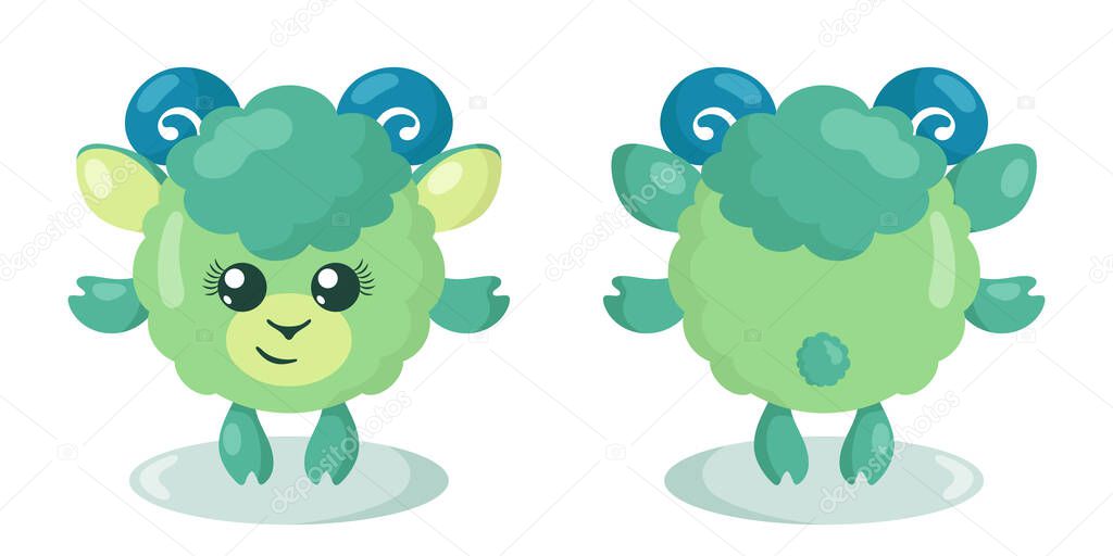 Funny cute kawaii lamb with round body in flat design with shadows, front and back. Isolated animal vector illustration