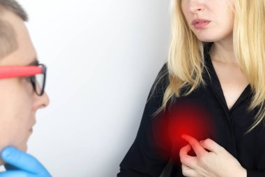 A woman suffers from chest pain. On examination by a gynecologist-mammologist. The concept of the prevention of breast diseases, cancer, mastopathy or hormonal disorders clipart