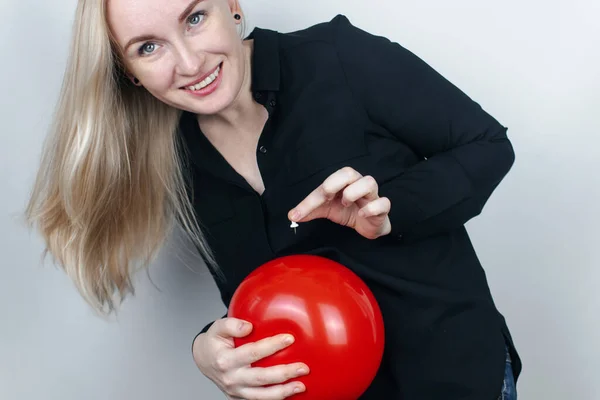 Conceptual Photography Woman Holds Red Ball His Belly Which Symbolizes — Stock Photo, Image