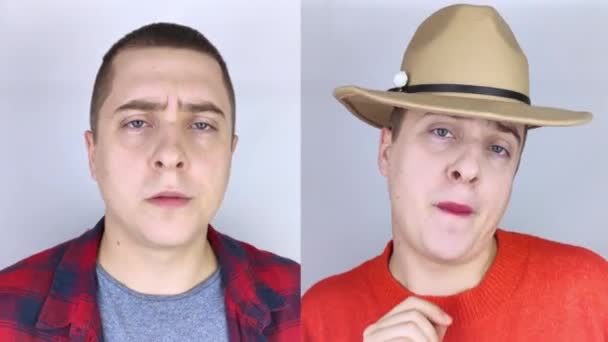 Homem Com Lábios Pintados Vestindo Roupas Femininas Maquiagem Fica Frente — Vídeo de Stock