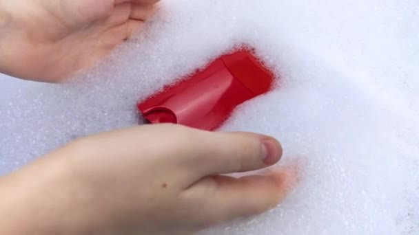 Bottles Detergents Float Foam Concept Dangers Household Chemicals Sodium Laureate — Stock Video