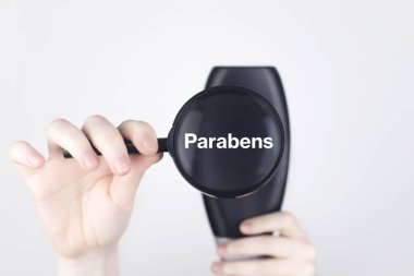 Şampuan etiketindeki kimyasal bileşenler: parabenler. Kadın elleri kavanozun üzerinde bir büyüteç tutuyor. Bu da zararlı maddeyi gösteriyor. Beyaz arkaplan, metin için yer