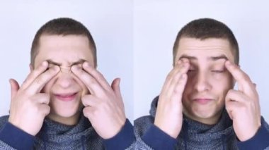Önce ve sonra. Soldaki adam göz ağrısını gösteriyor, sağdaki de gözün artık acımadığını gösteriyor. Konjonktivit ve göz yorgunluğu tedavisinde tıbbi yardım kavramı