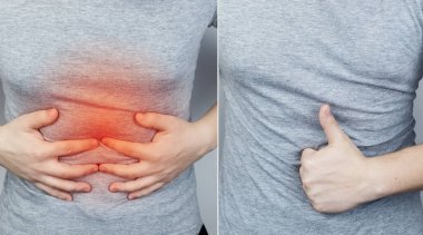 Karın ağrısından önce ve sonra. Solda kişinin karnının nasıl ağrıdığını gösteren bir fotoğraf var, ve sağda, onun için her şey yolunda ve karın boşluğu artık ağrımıyor. Kasılmalar