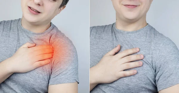 Before and after shoulder pain. Arthritis. Diseases of the joints. In the photo on the left, the man is holding on to his sore shoulder, and in the photo on the right, nothing hurts. Concept