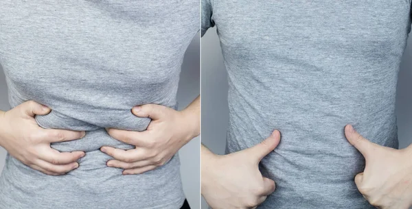Before and after abdominal pain. On the left is a photo of how the person is hurt stomach, and on the right, that everything is fine for him and the abdominal cavity does not hurt anymore. Spasms
