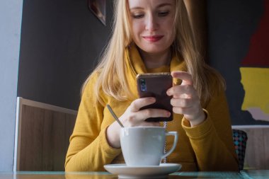 Blogcu kız bir kafede oturur ve akıllı telefondan kapuçino köpüğü atar. Sosyal ağlarda, video bloglarında ve fotoğraf bloglarında çalışıyorum. İnternet içeriği oluşturma ve gıda fotoğrafçılığı kavramı.