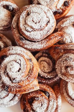 Pudra şekerli pudra şekerli pudra kekleri. Bir fırın ürününün yakın çekimi. Şekerlemeler ve müşteri hizmetleri. Bir tepside ikram.