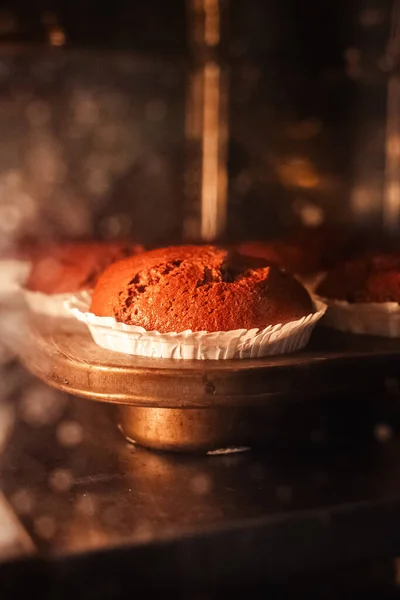 Close-up of muffins in the oven. The job of a pastry chef. Cooking a chocolate cupcake.