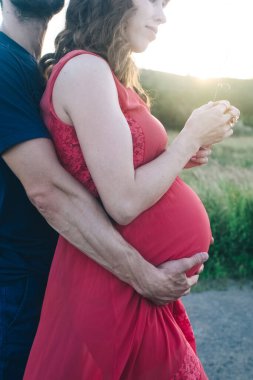 Bebek bekleyen evli bir çift gün batımında çiçek tarlasında fotoğraf çekiliyor. Hamile bir kadın ve onun sevgi dolu erkeği. Baba, çocuğunun karnını öper. Hamileliğin son şartları