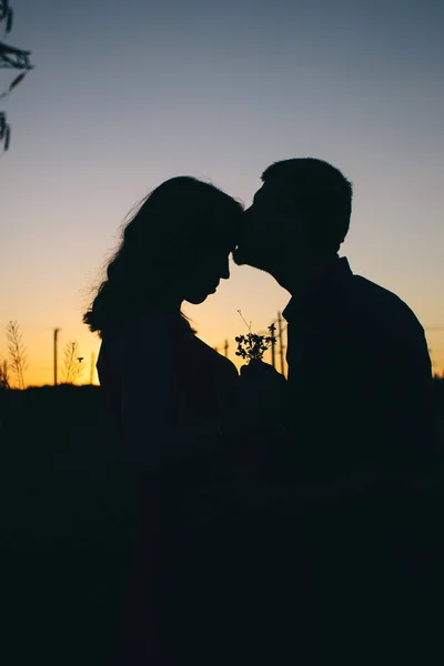 Par Amantes Atardecer Solo Las Sombras Siluetas Son Visibles Mirada —  Fotos de Stock