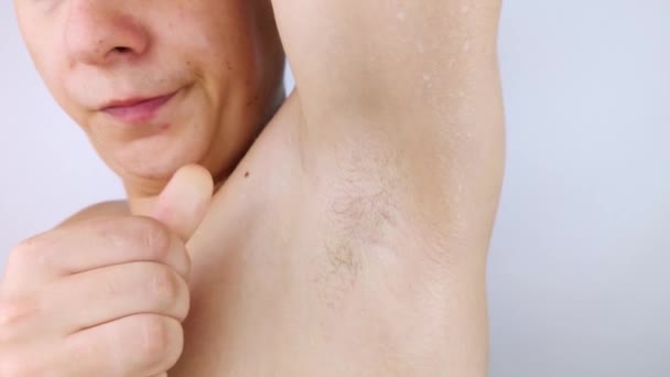 Man Shows His Sweaty Armpits Camera Close Sweat Drops Gland — Stock Video