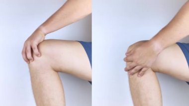 Önce ve sonra. Solda, yaralı bir dizine tutunan bir adam var, ve sağda, doktorlar zaten bir hastayı tedavi ettiler. Kopmuş diz tendonları, kaslar, menisküs hasarı, kemik kırığı veya çatlak.