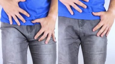 Mesanedeki ağrıdan önce ve sonra. Kavramsal çekim. Solda, adam sidik torbasını acı içinde tuttu ve sağda, her şey çoktan geçmişti. Üreme ve üreme sisteminin tedavisi