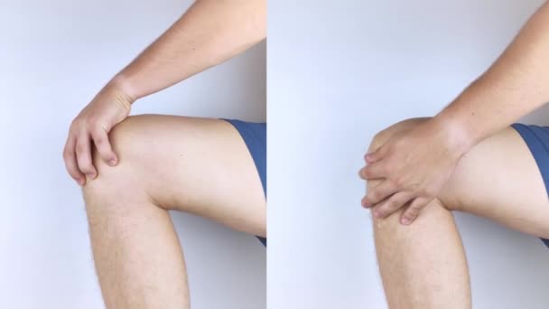 Left Man Holding Injured Knee Right Doctors Have Already Cured — Stock Video