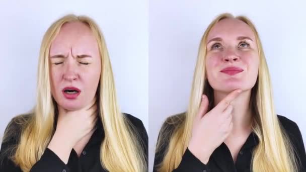 Sebelum Dan Sesudah Sebelah Kiri Wanita Itu Menunjukkan Sakit Tenggorokan — Stok Video