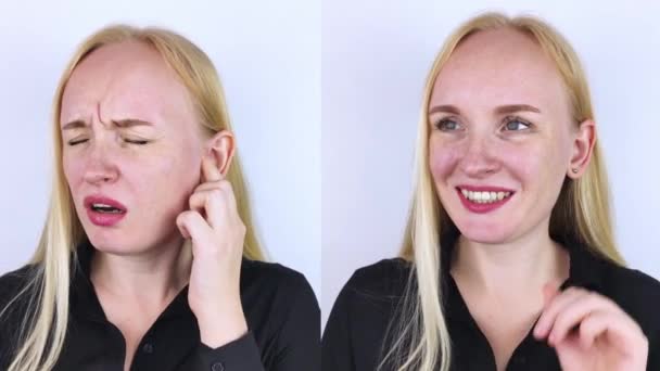 之前和之后 在左边 女人表示耳朵疼痛 而在右边 表示耳朵不再痛 疼痛管理和专业医疗援助概念 — 图库视频影像